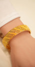 Gold bracelet on a wrist with a blurred background
