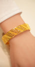 Gold bracelet on a person's wrist with a neutral background