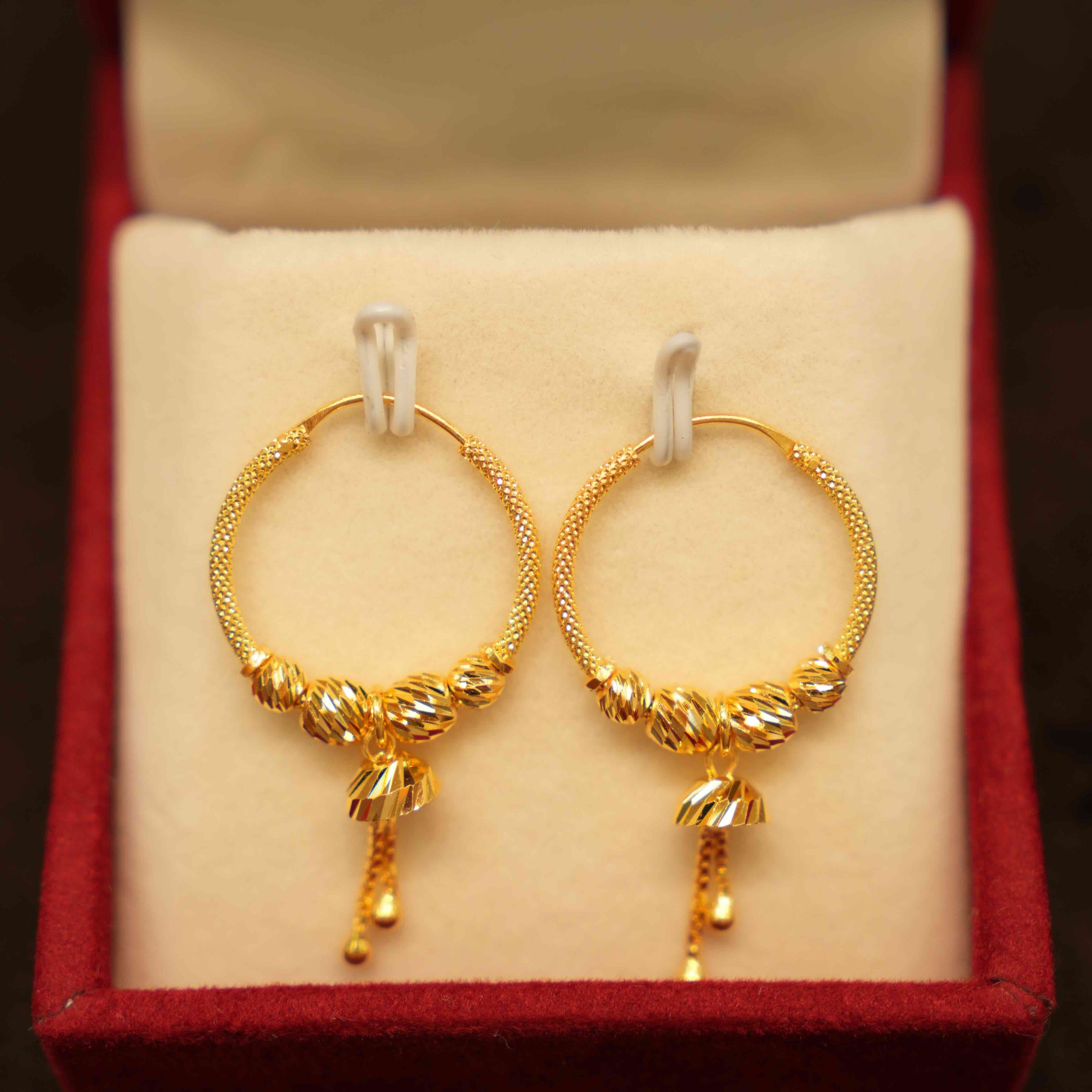 22K Gold Hanging Hoop Earrings