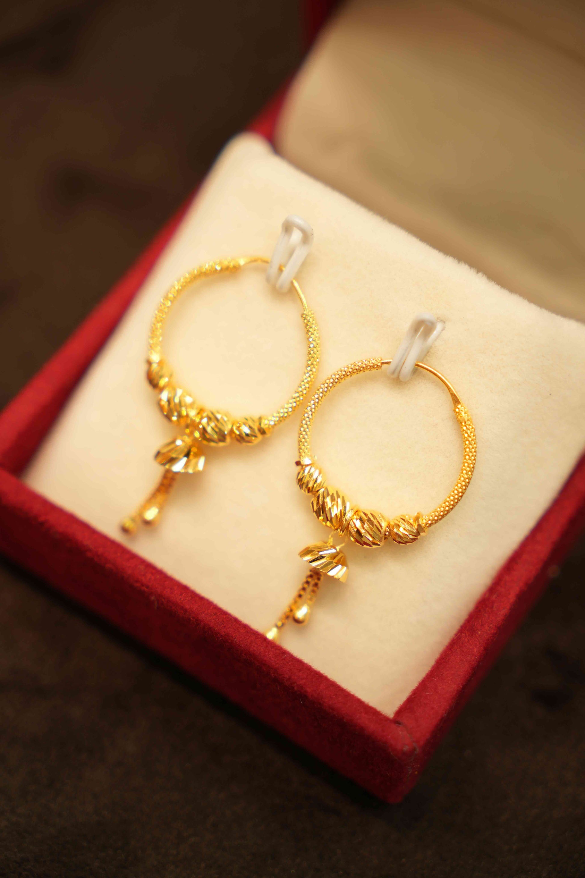 22K Gold Hanging Hoop Earrings