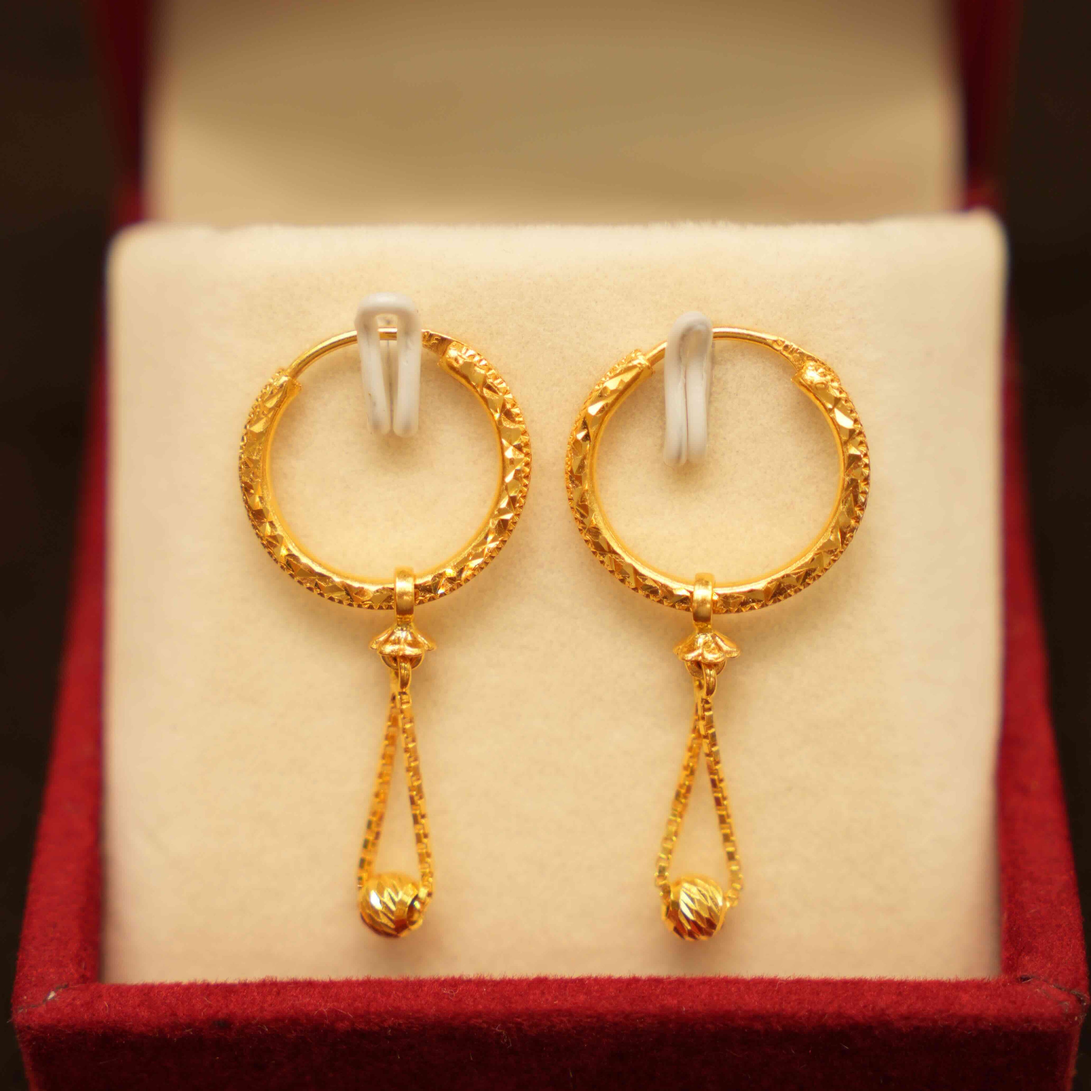 22K Gold Hanging Hoop Earrings