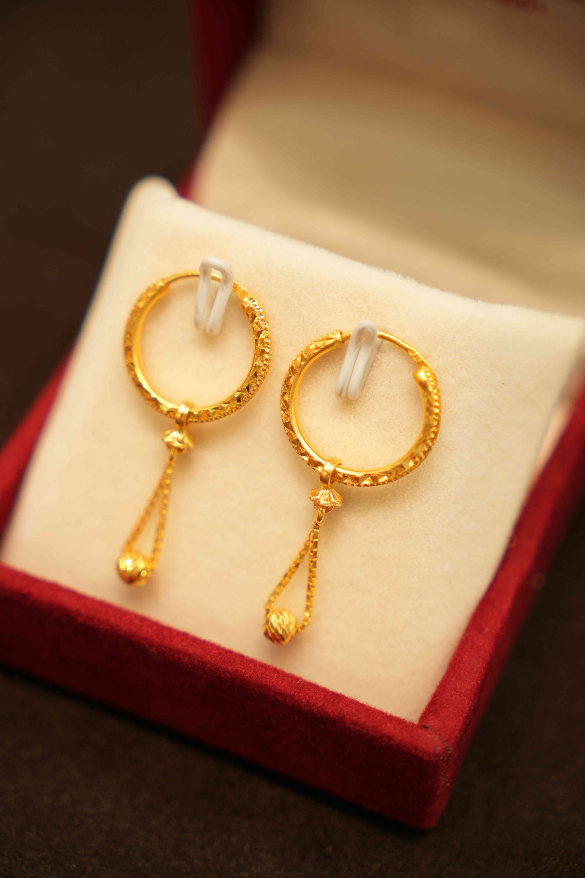 22K Gold Hanging Hoop Earrings