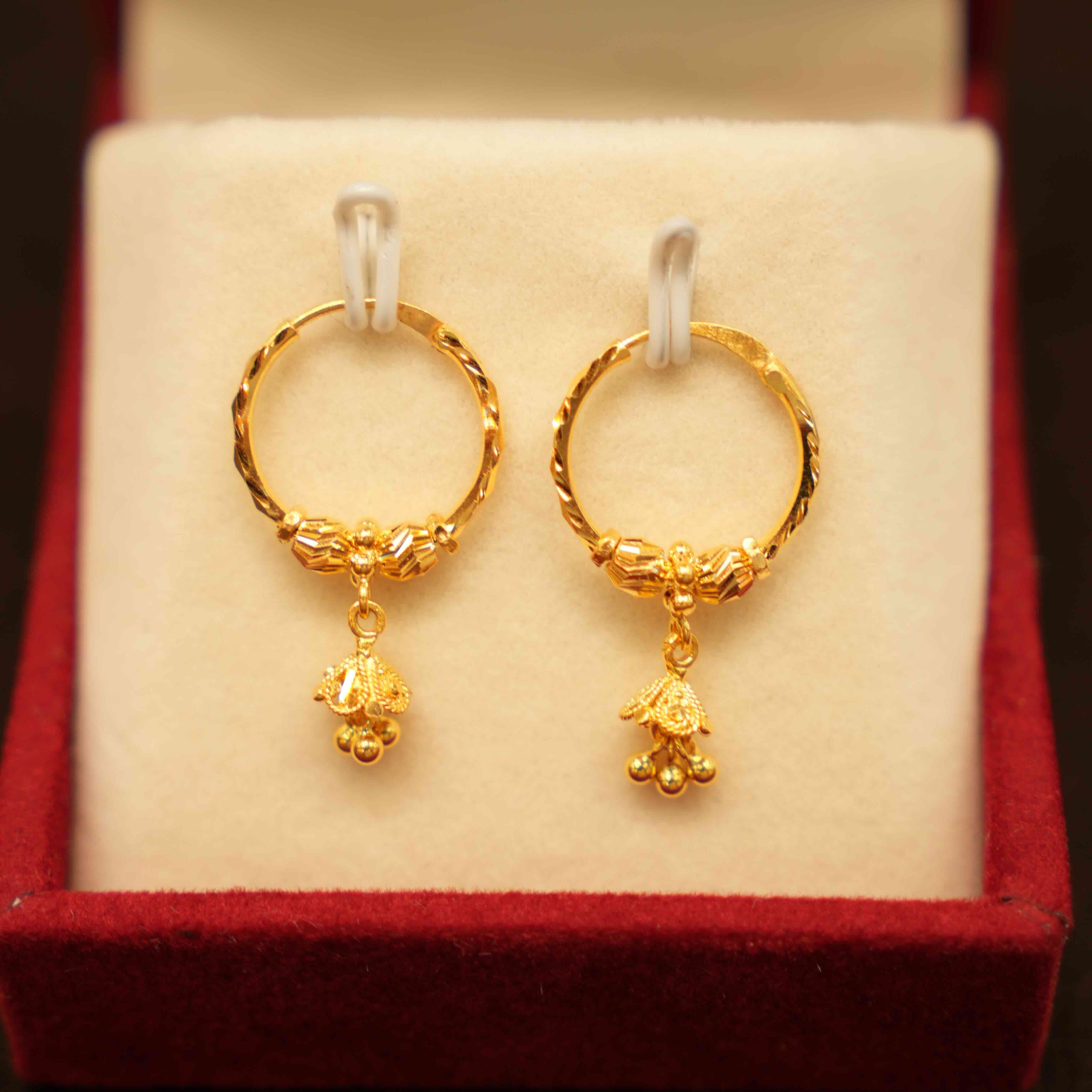 22K Gold Hanging Hoop Earrings