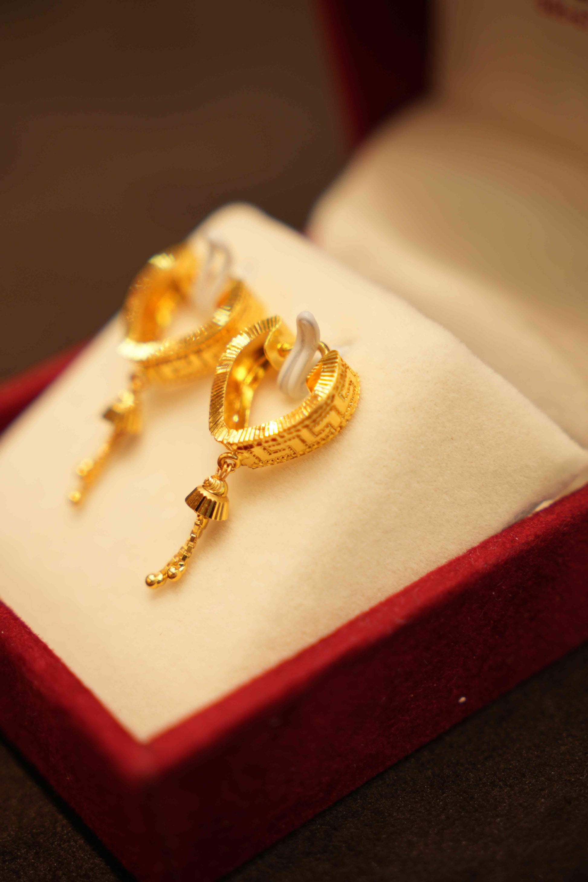 22K Gold Hanging Hoop Earrings
