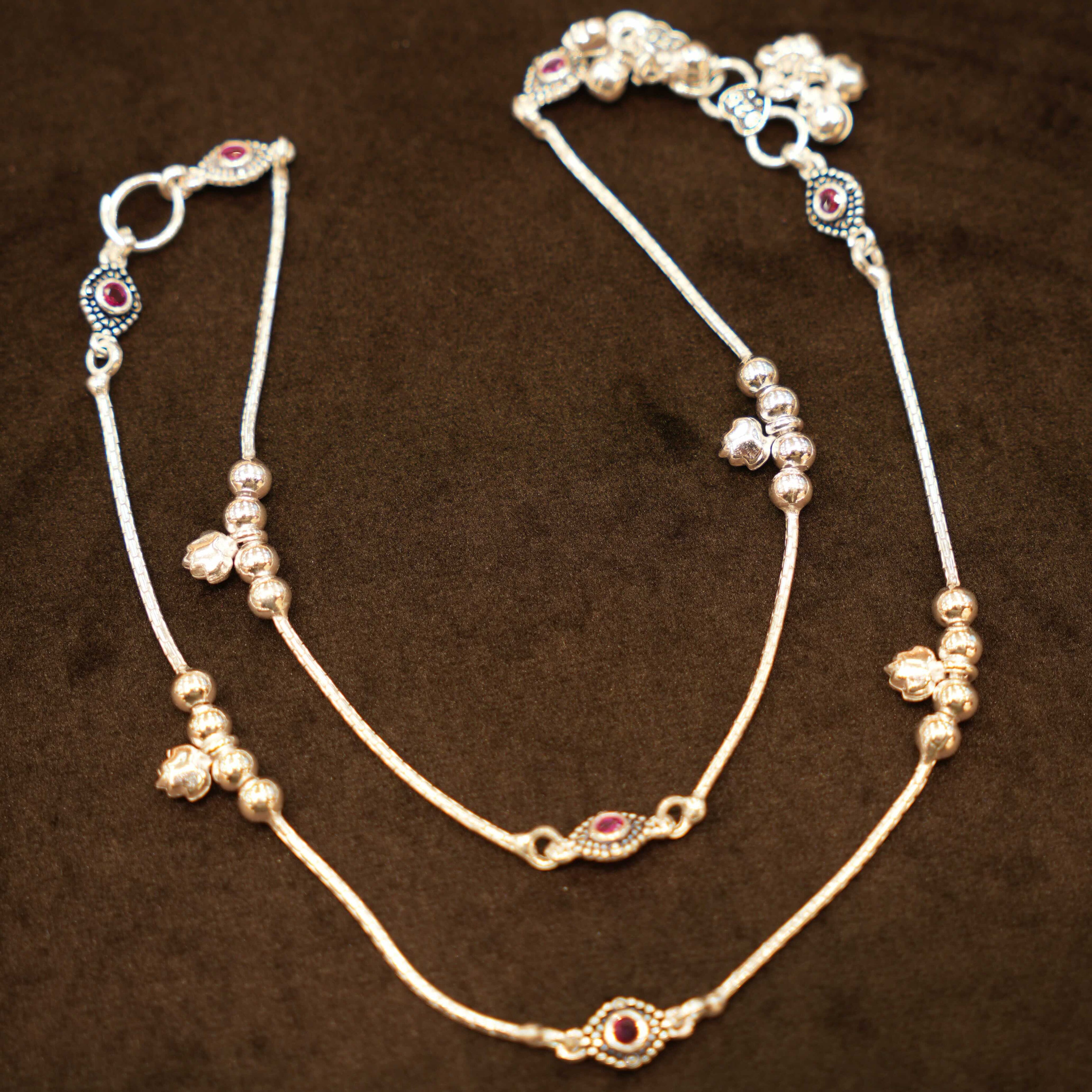 925 Silver Designer Red Stone Droplet Anklets