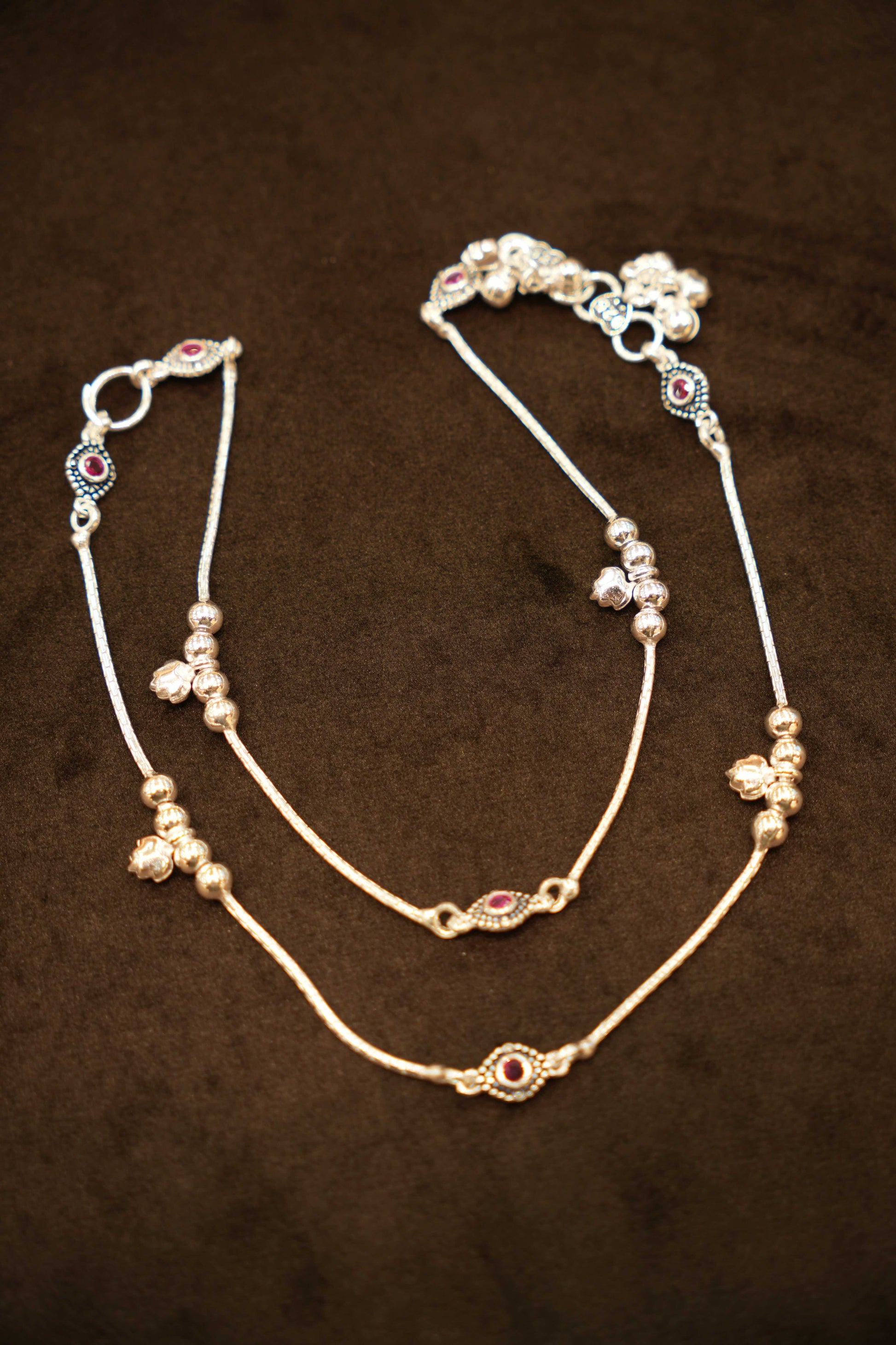 925 Silver Designer Red Stone Droplet Anklets