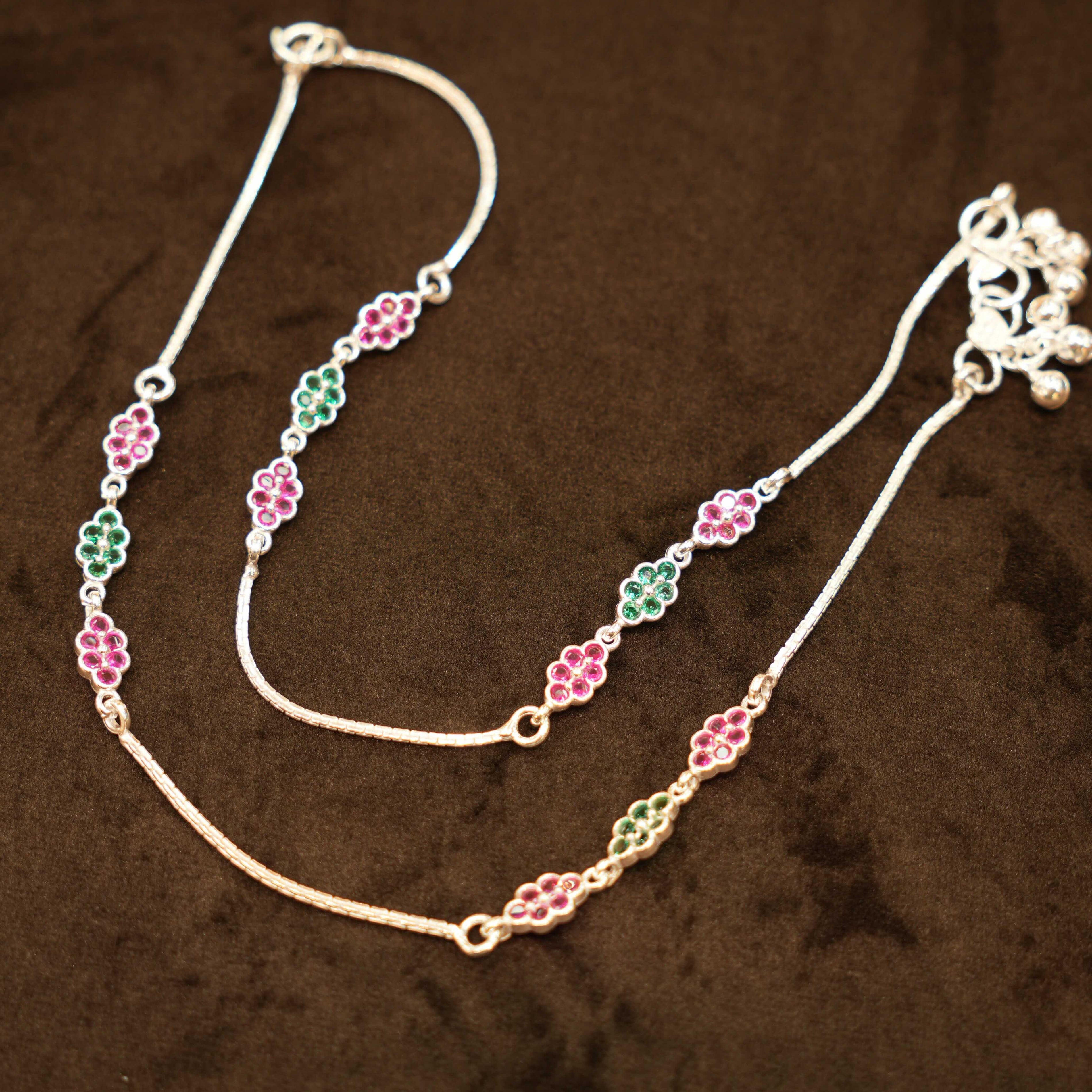 925 Silver Designer Stone Flower Anklets