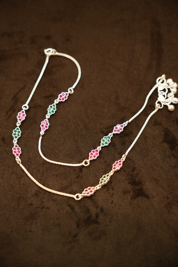 925 Silver Designer Stone Flower Anklets
