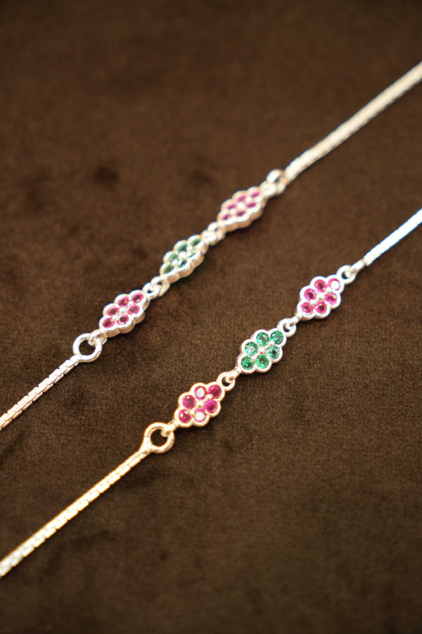 925 Silver Designer Stone Flower Anklets