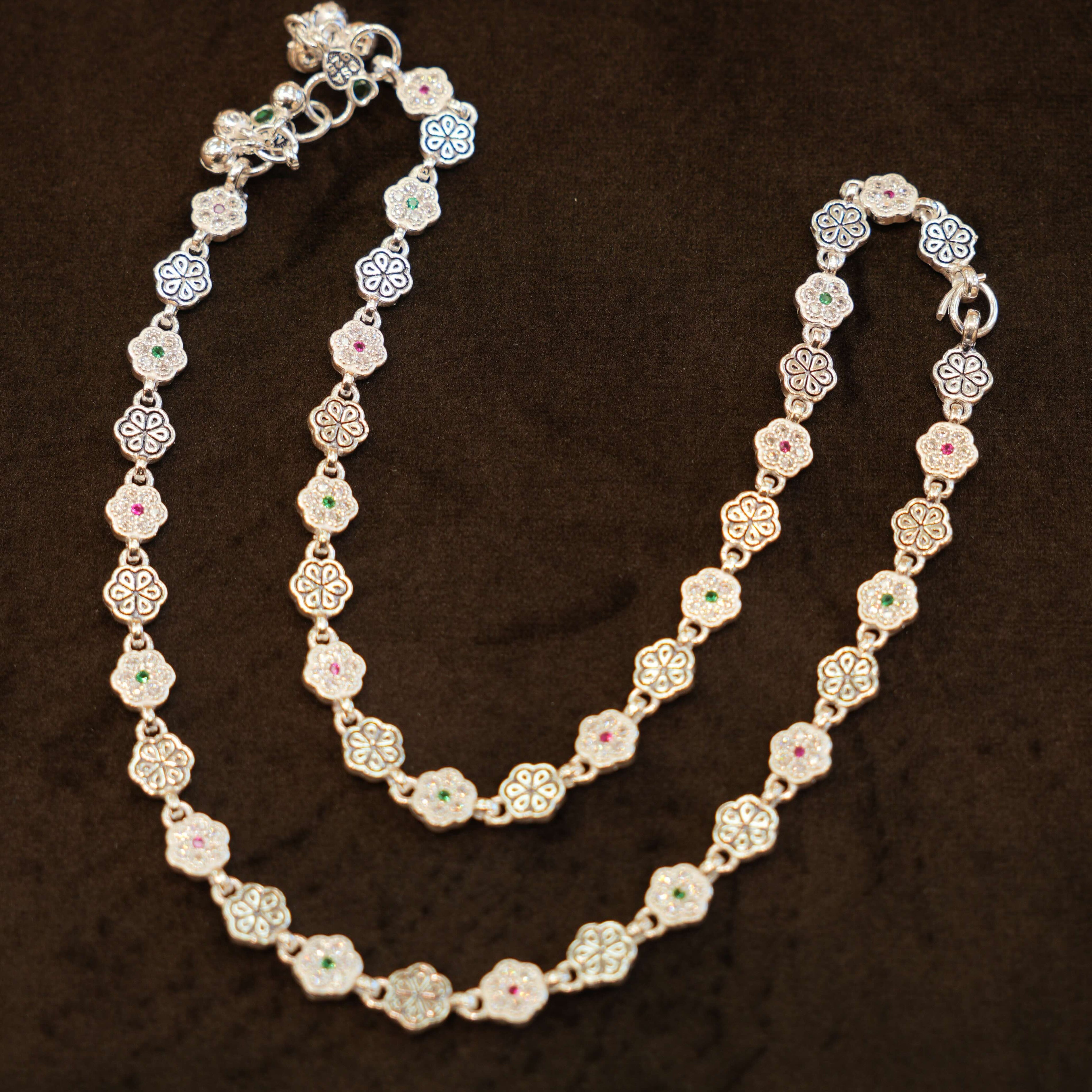 925 Silver Designer Multi Colour Stone Flower Anklets