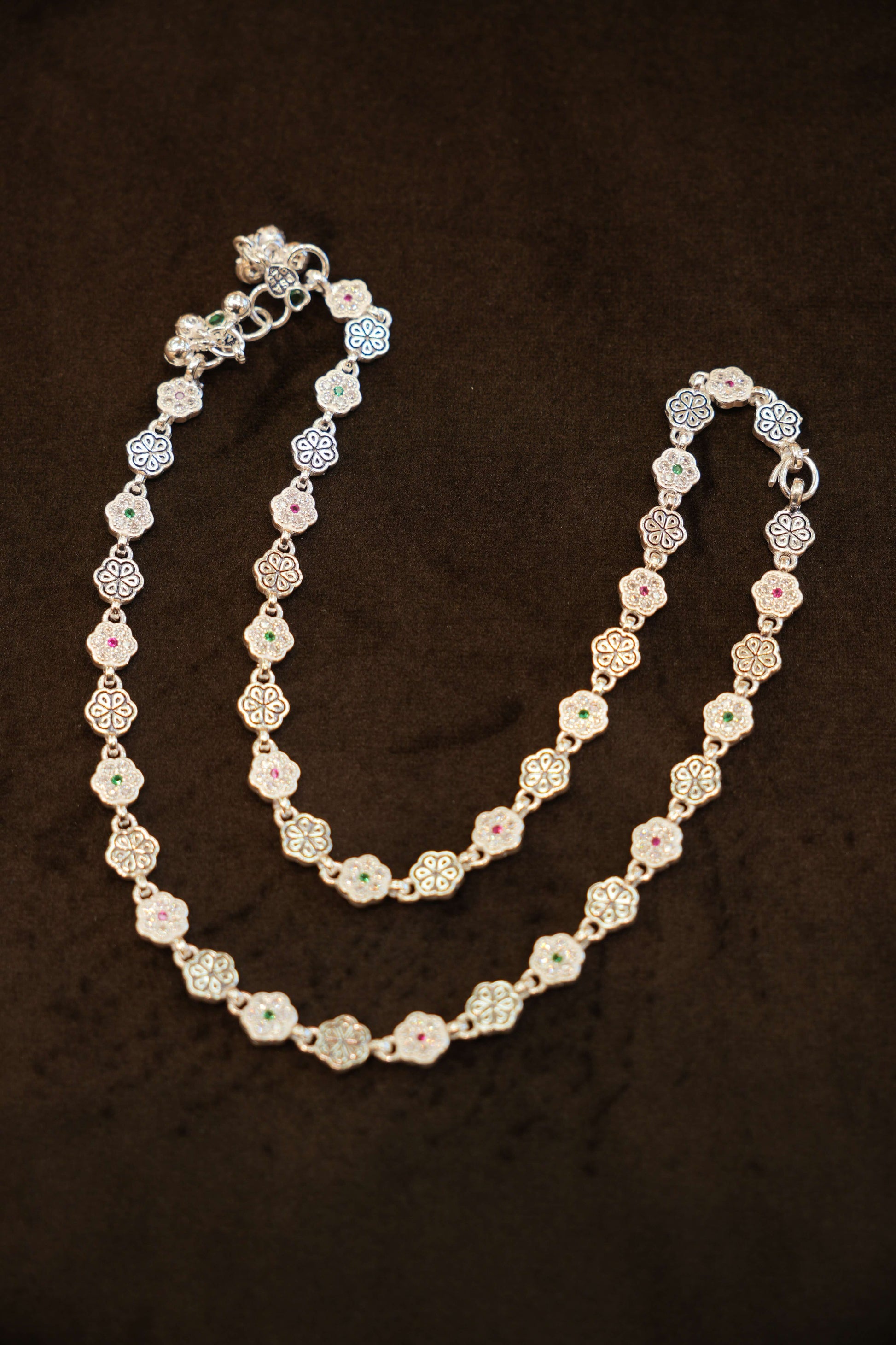 925 Silver Designer Multi Colour Stone Flower Anklets