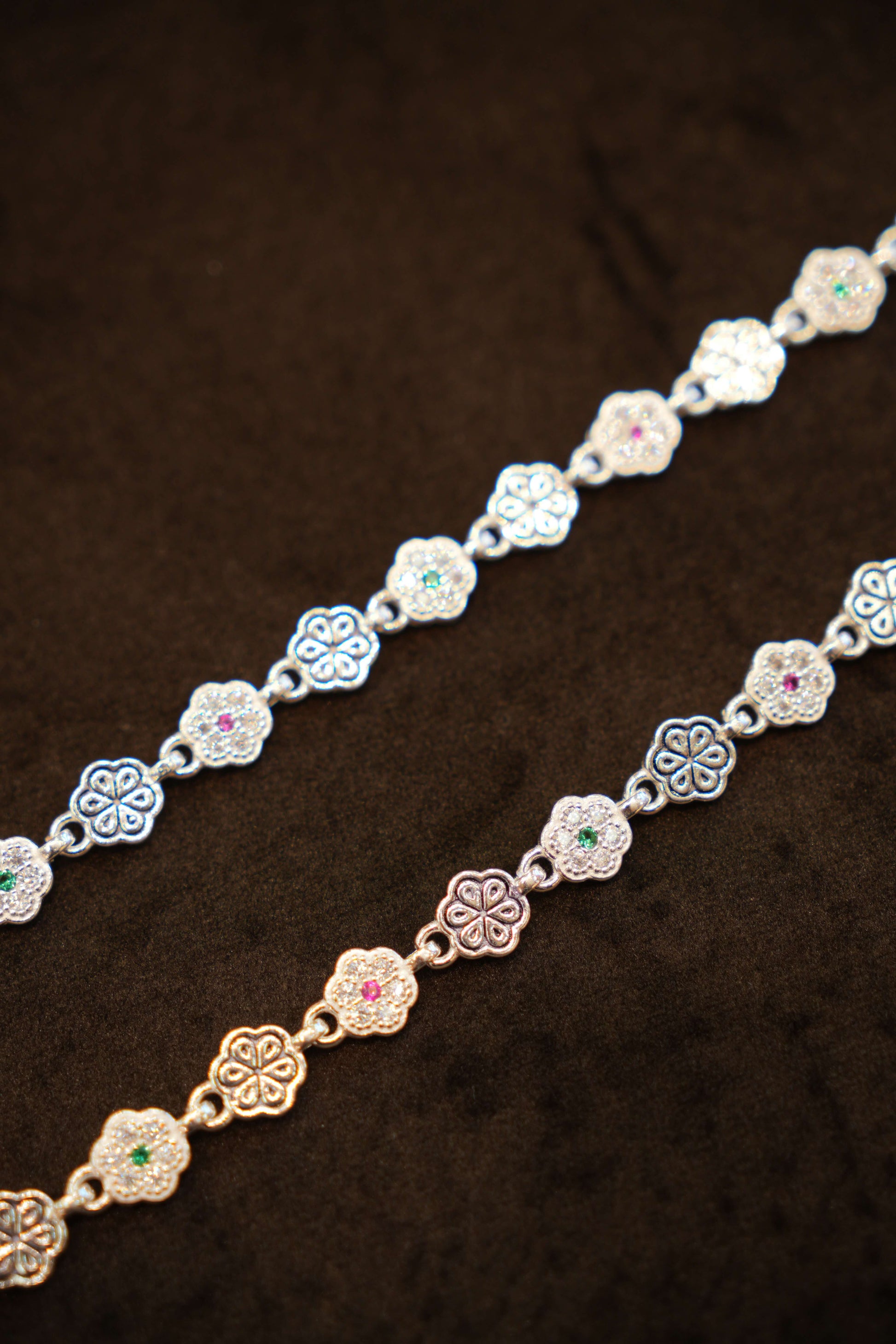 925 Silver Designer Multi Colour Stone Flower Anklets