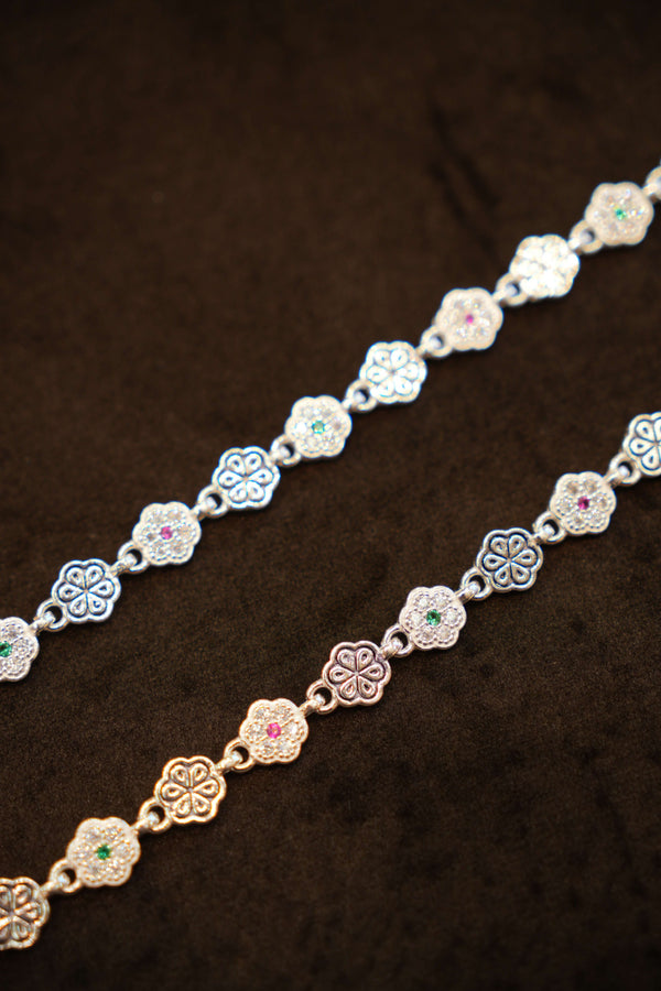 925 Silver Designer Multi Colour Stone Flower Anklets