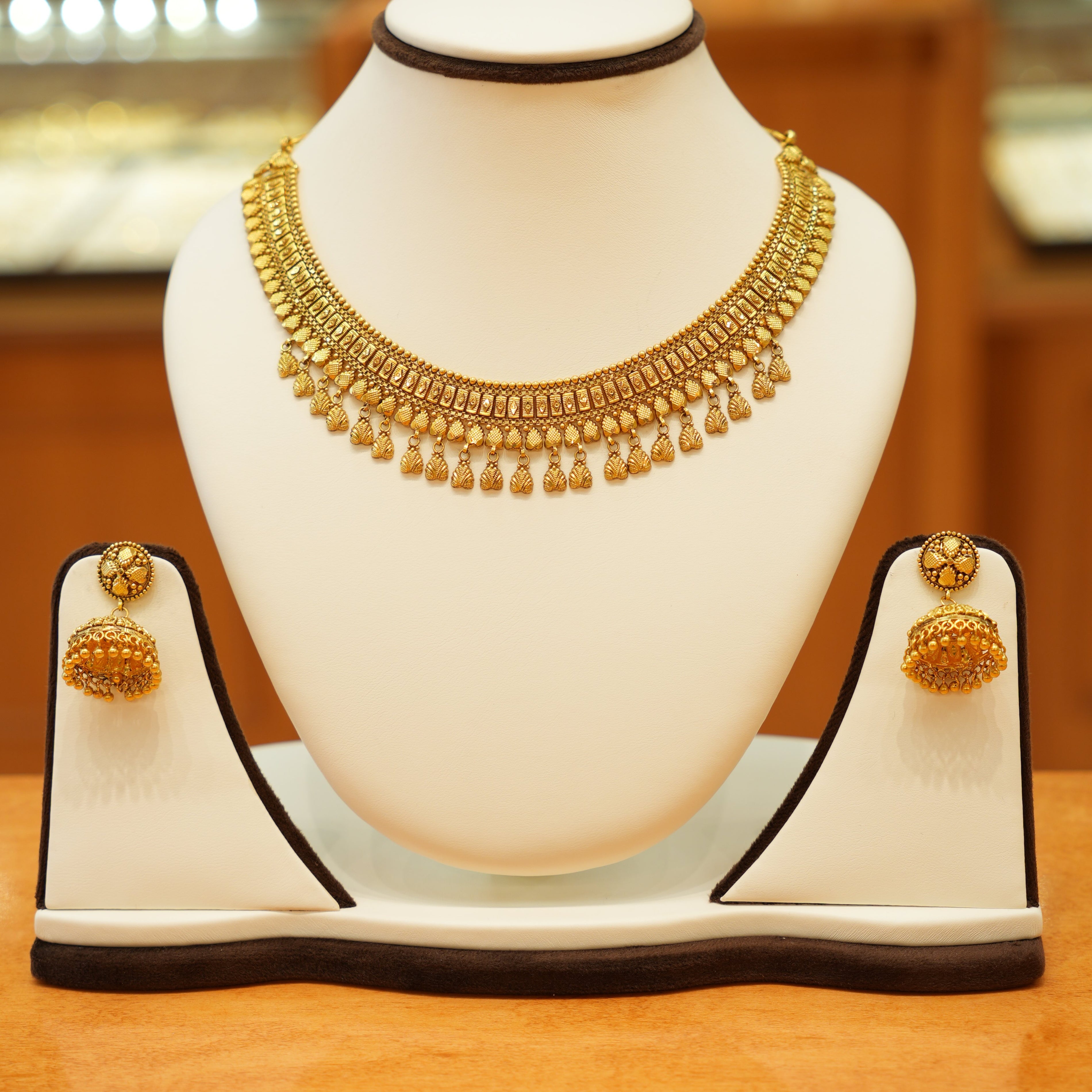 22K Gold Antique Droplet Designer Necklace Set with Jhumka Earrings