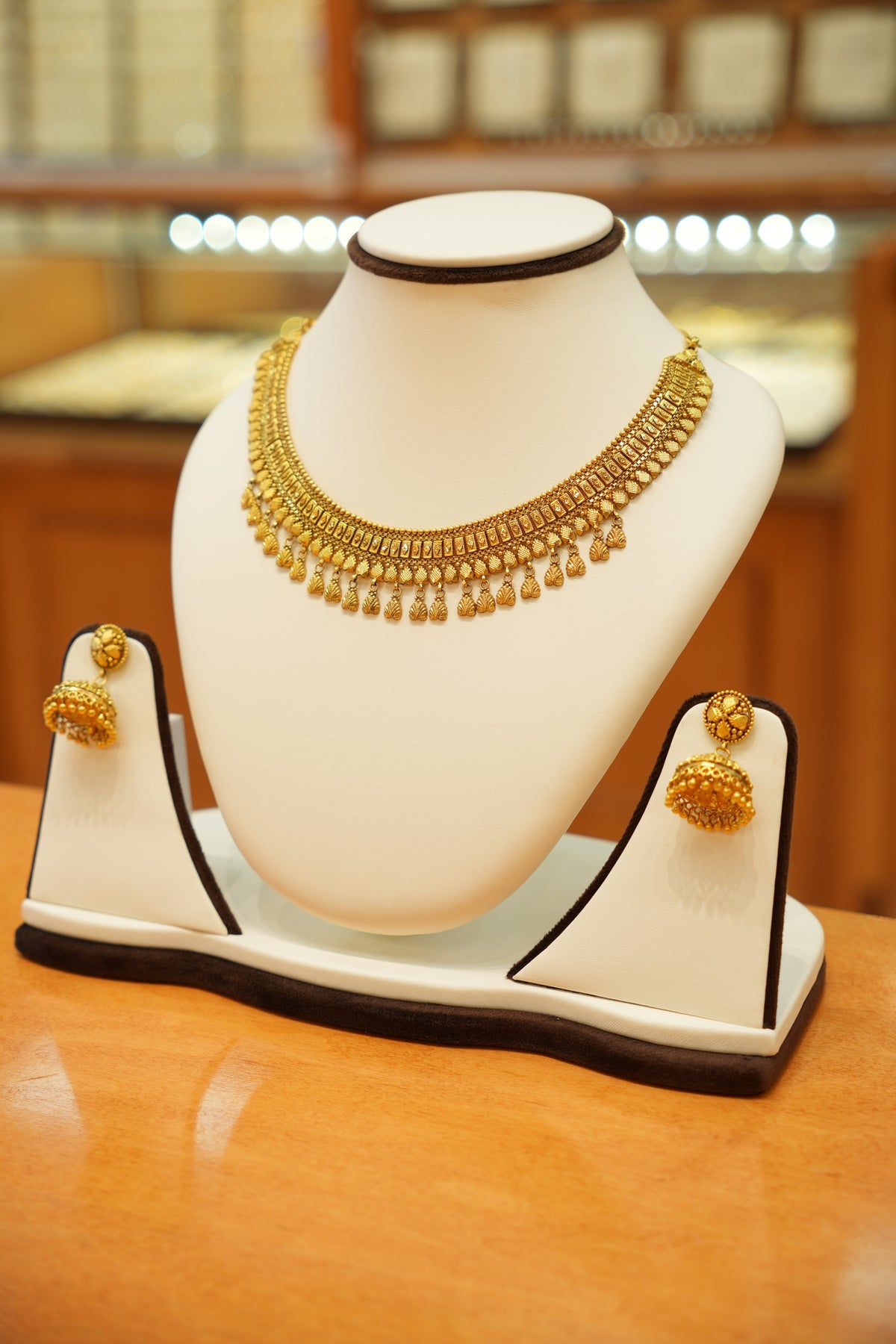 22K Gold Antique Droplet Designer Necklace Set with Jhumka Earrings