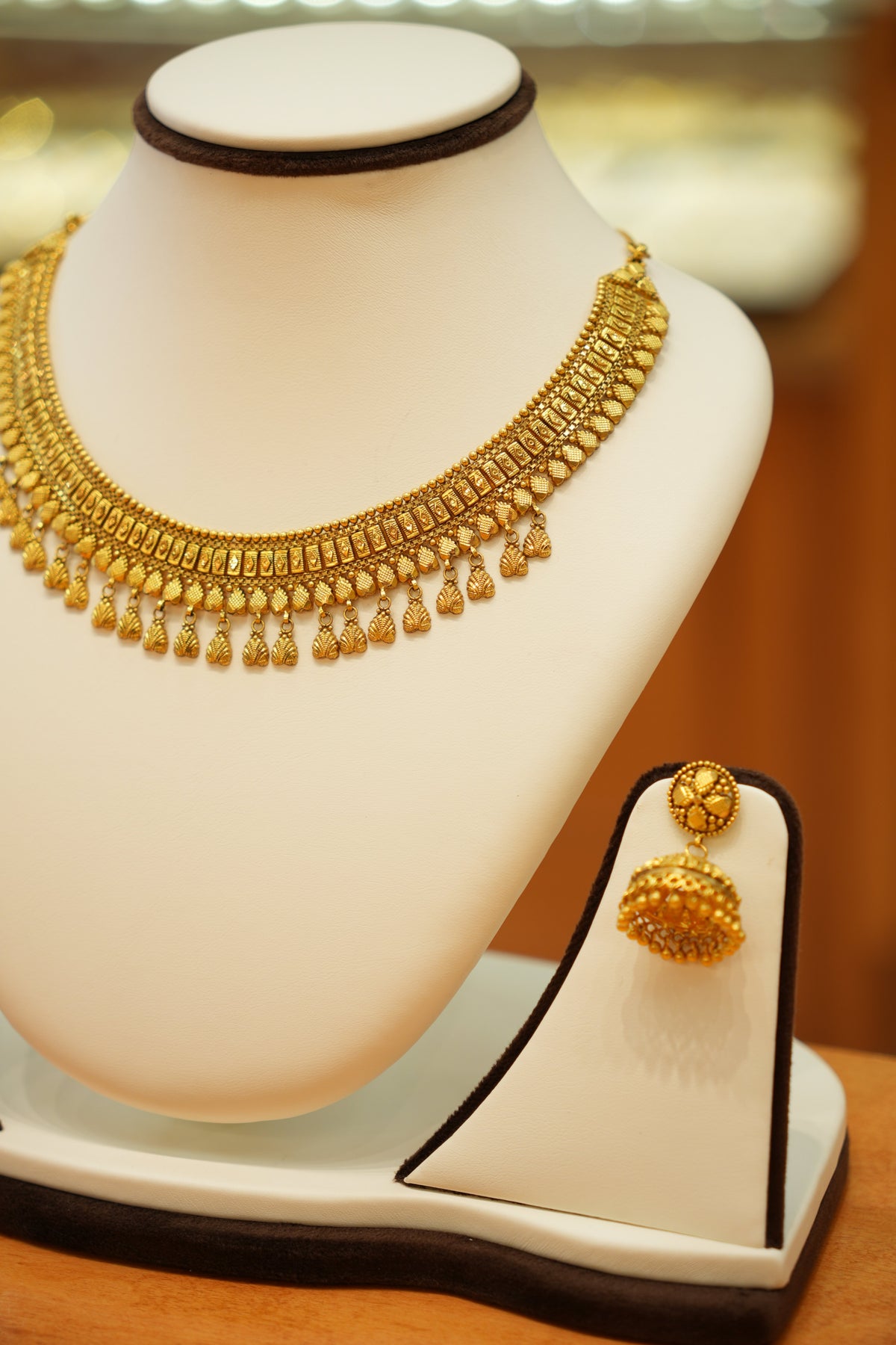 22K Gold Antique Droplet Designer Necklace Set with Jhumka Earrings