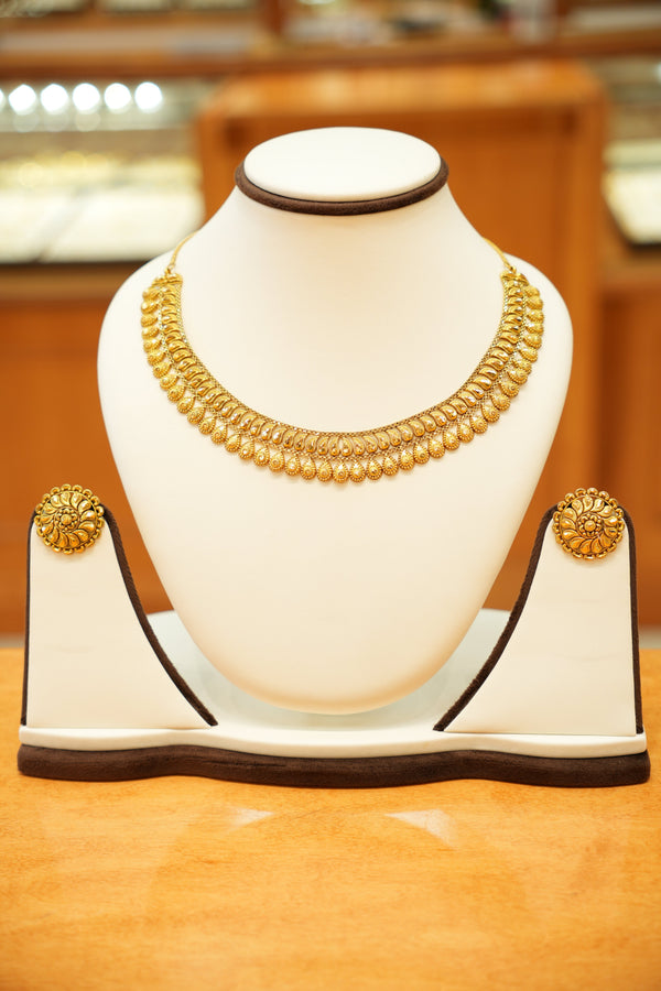 22K Gold Antique Floral Designer Necklace Set with Round Earrings