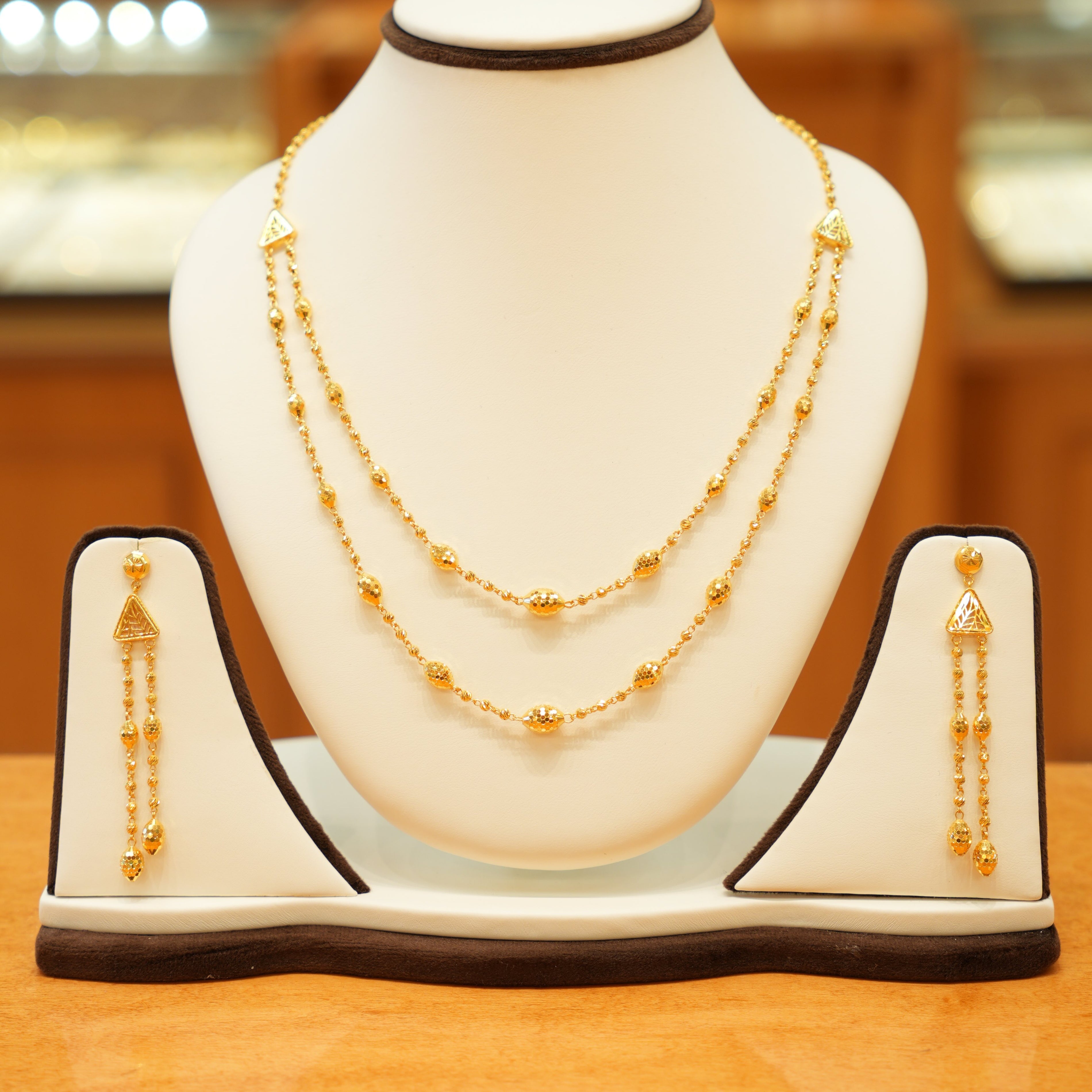 22K Gold Designer Beaded Necklace Set with Beaded Hanging Earrings
