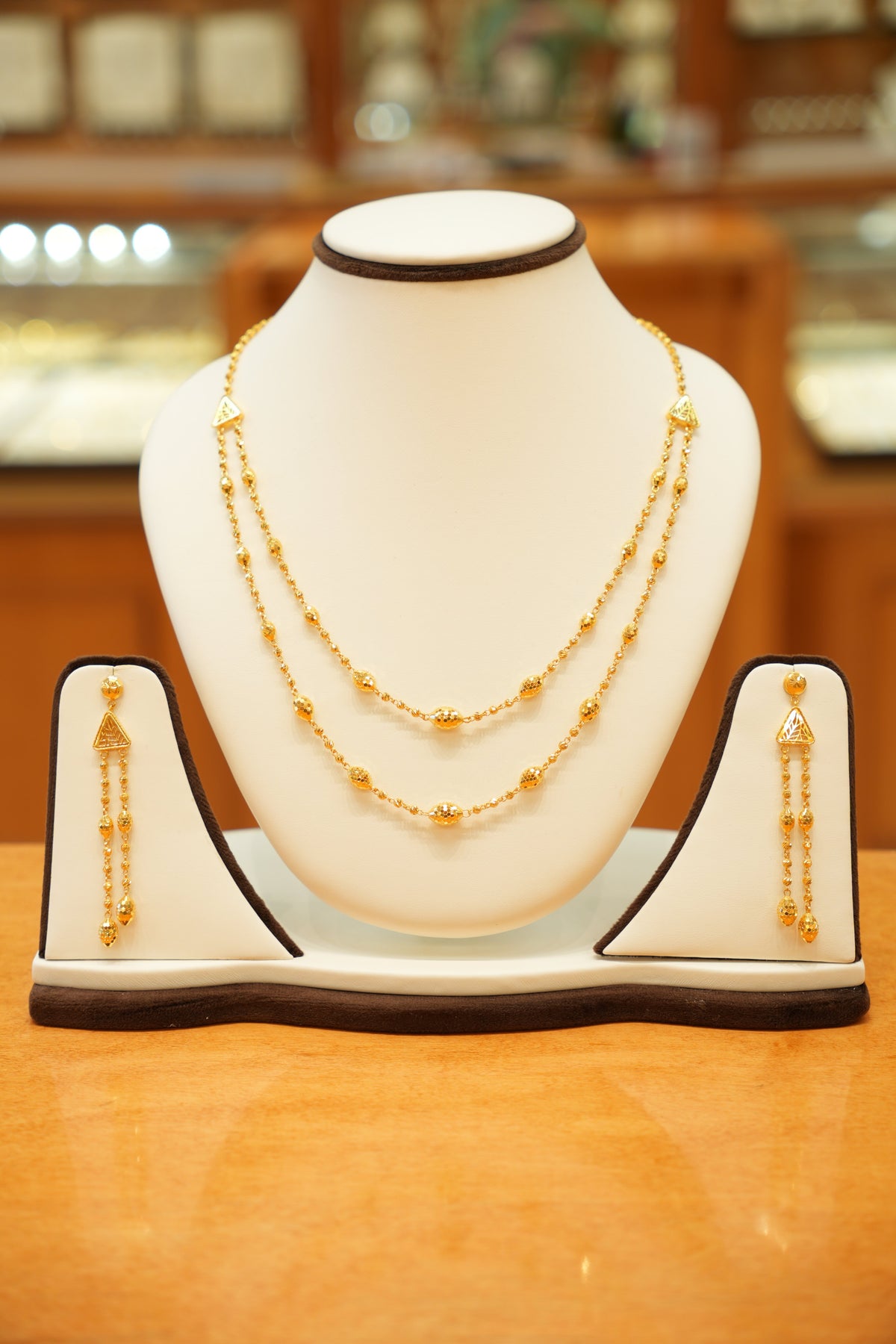 22K Gold Designer Beaded Necklace Set with Beaded Hanging Earrings