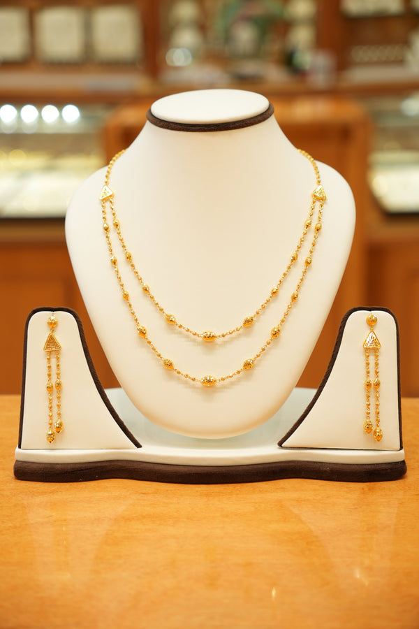 22K Gold Designer Beaded Necklace Set with Beaded Hanging Earrings