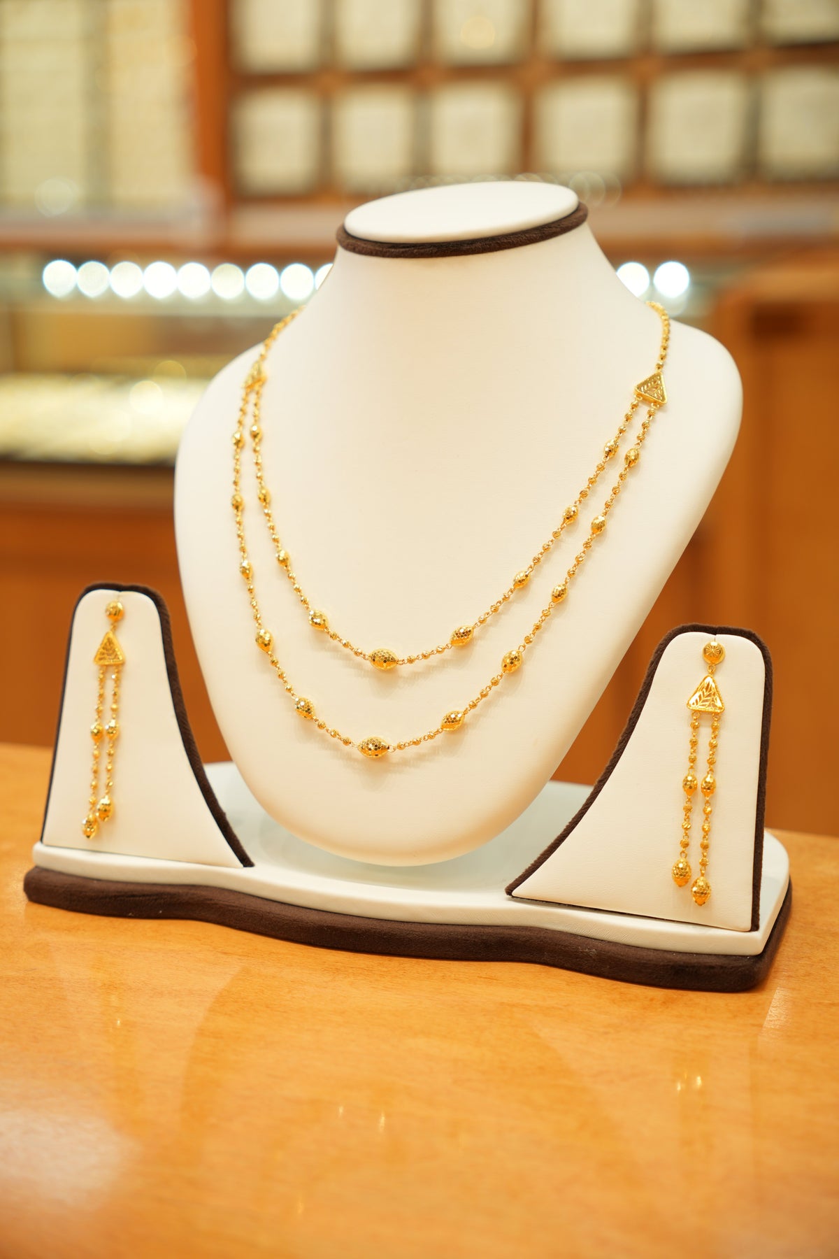 22K Gold Designer Beaded Necklace Set with Beaded Hanging Earrings
