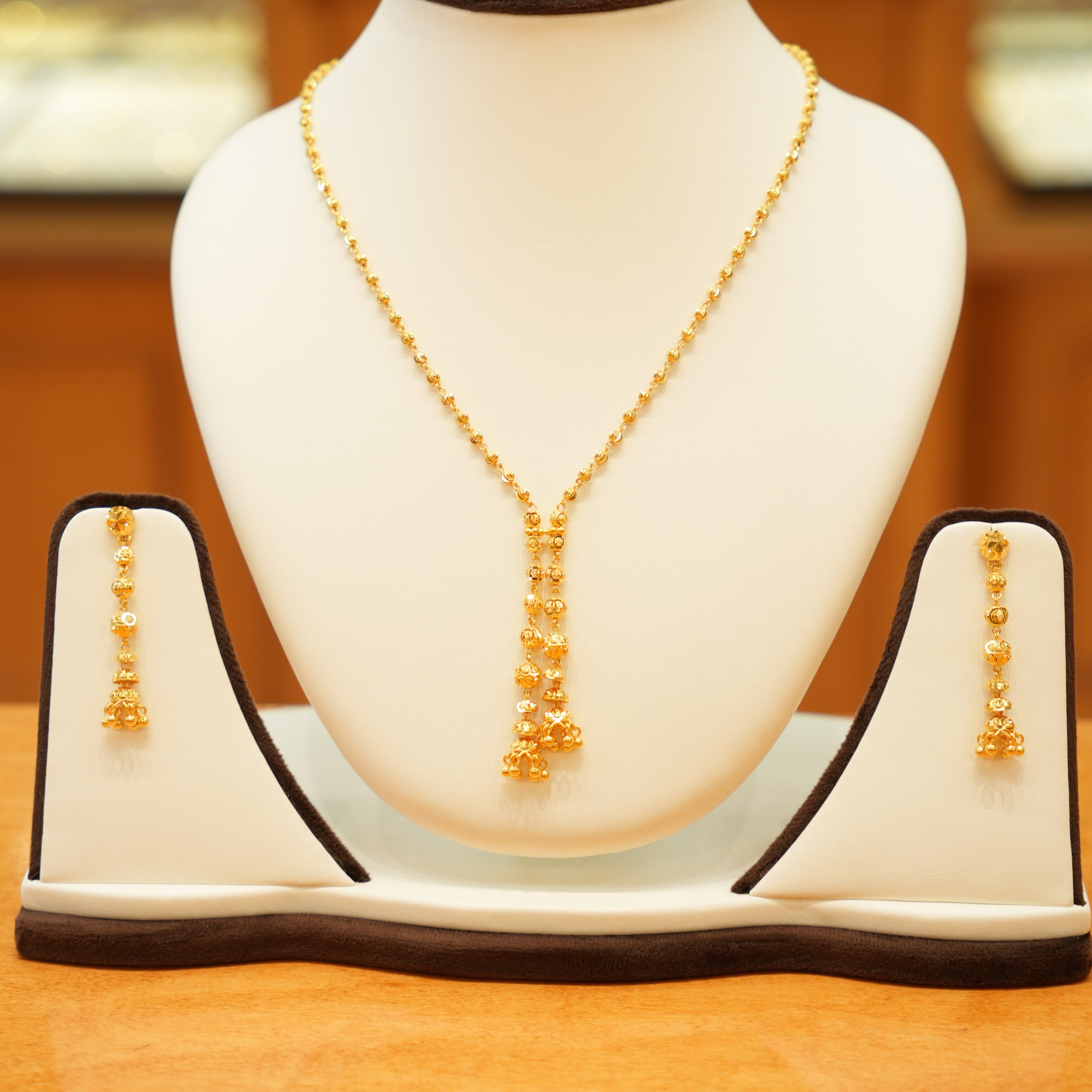 22K Gold Designer Round Beaded Necklace Set with Beaded Earrings