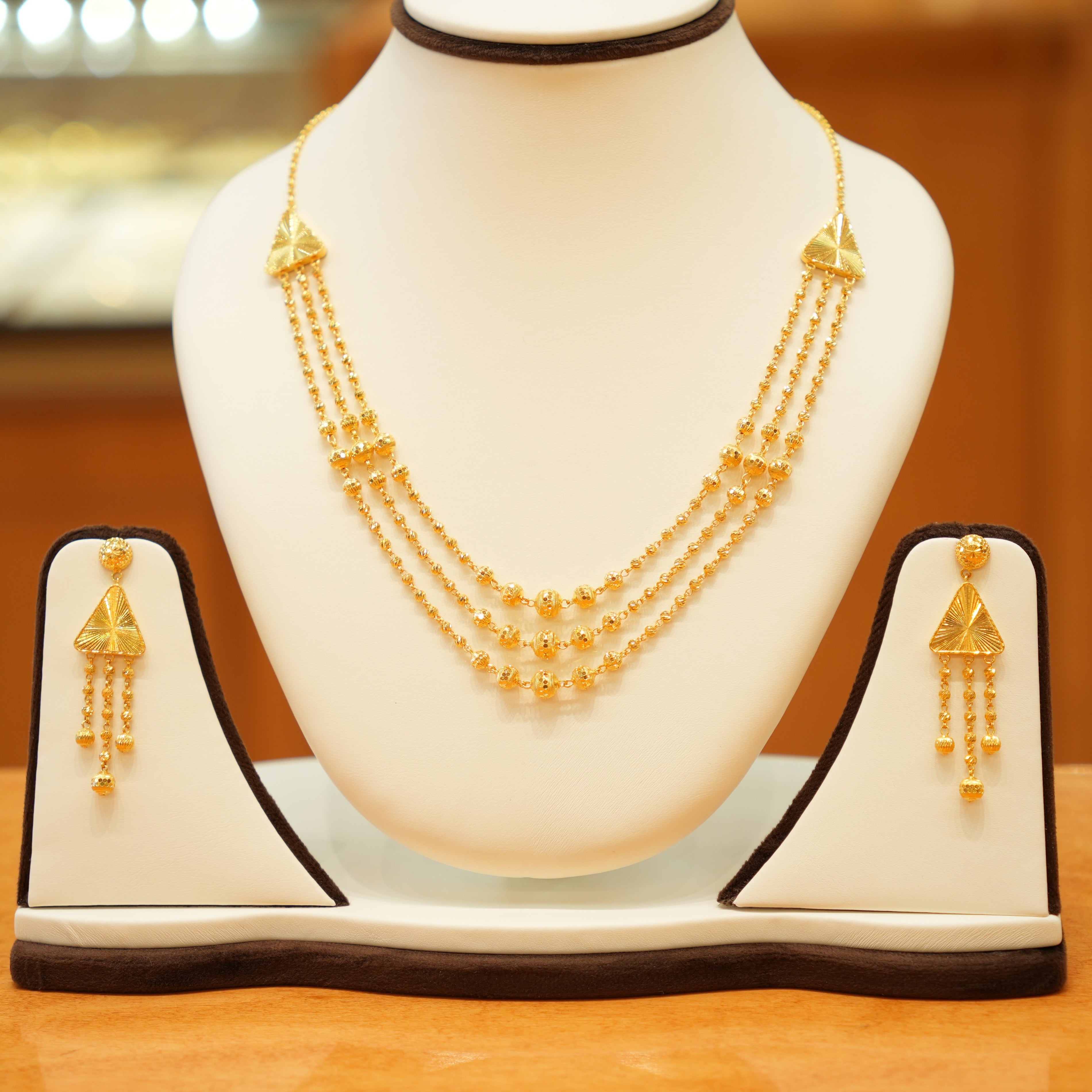 22K Gold Designer Triple String Bead Necklace Set with Hanging Earrings