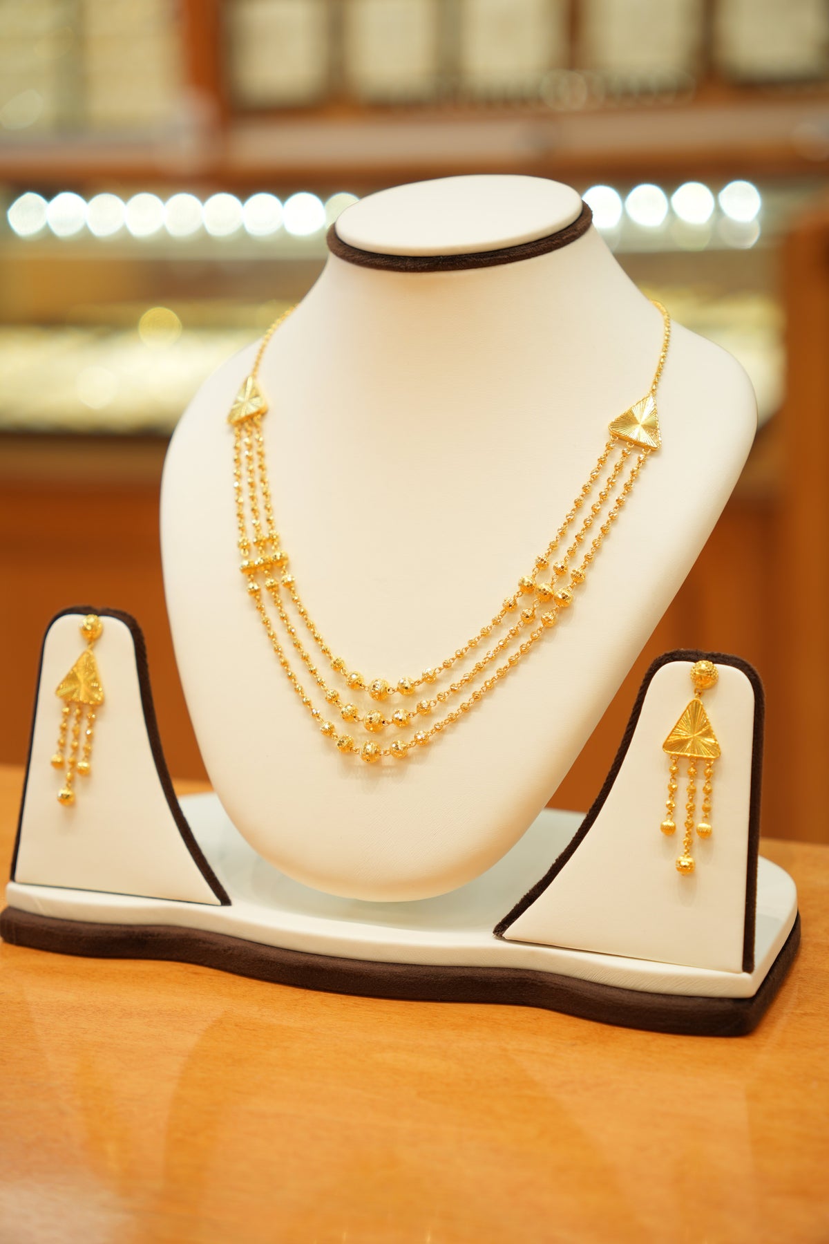 22K Gold Designer Triple String Bead Necklace Set with Hanging Earrings