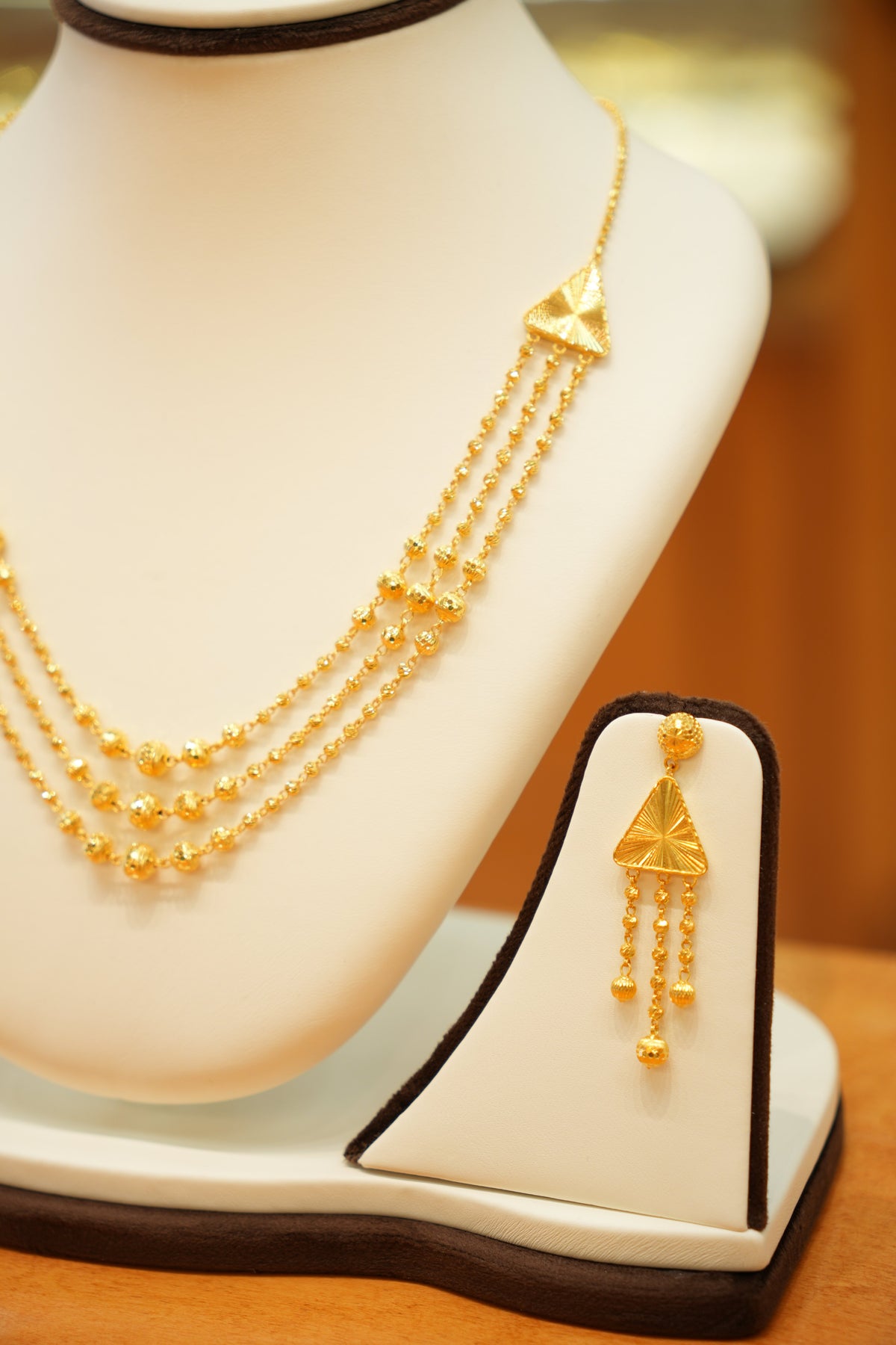 22K Gold Designer Triple String Bead Necklace Set with Hanging Earrings