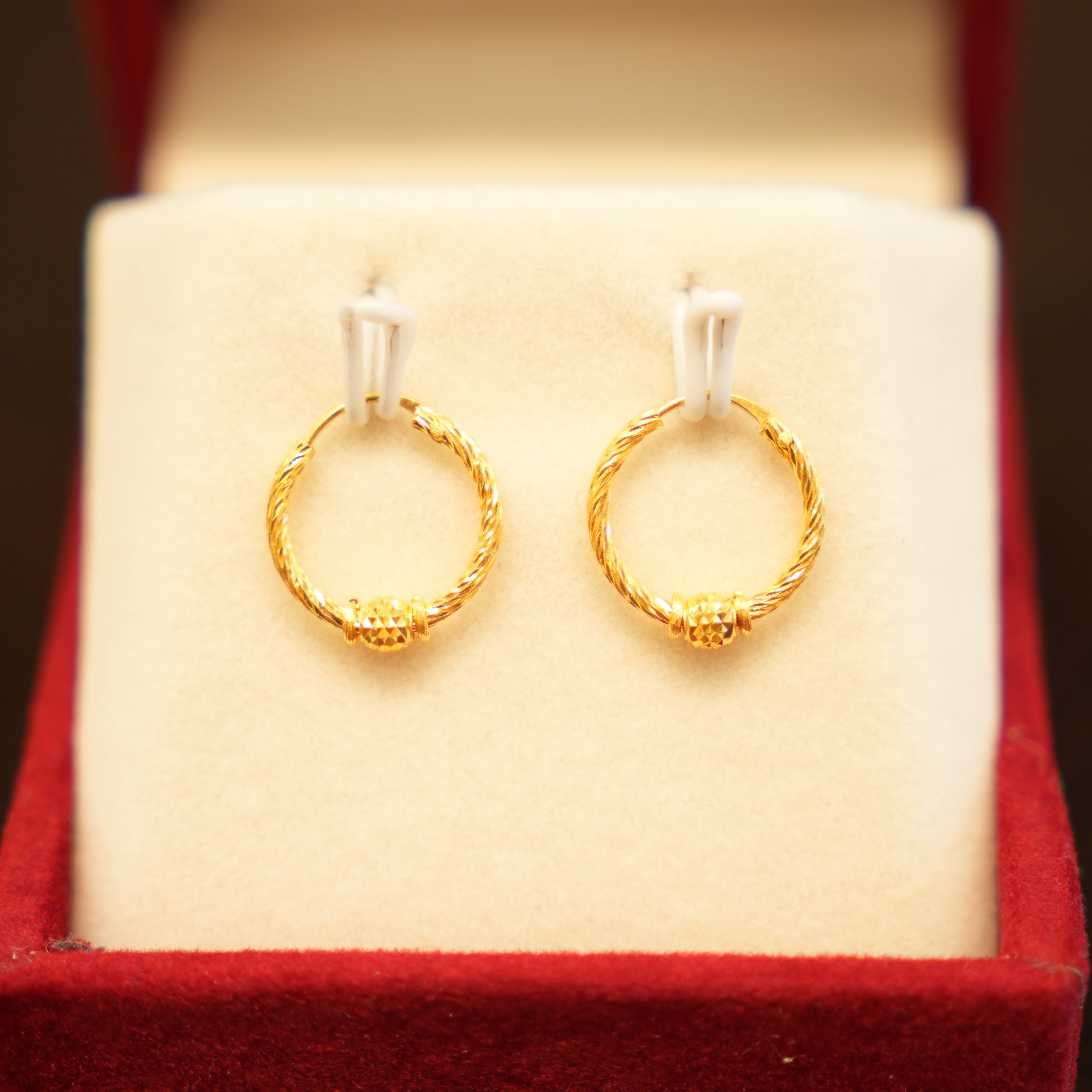 22K Gold Designer Single Bead Hoop Earrings