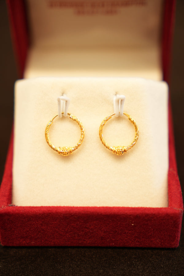 22K Gold Designer Single Bead Hoop Earrings