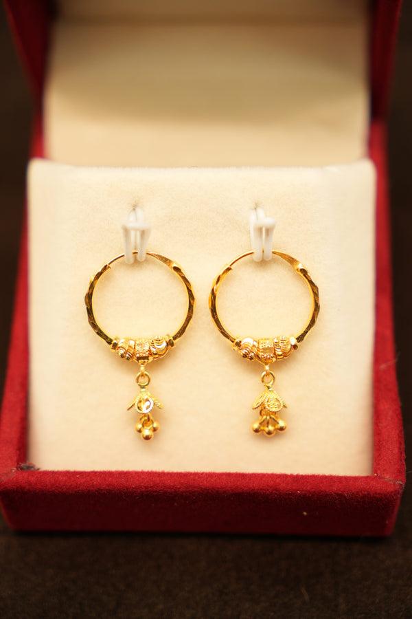 22K Gold Floral Leaf Cluster Drop Hoop Earrings