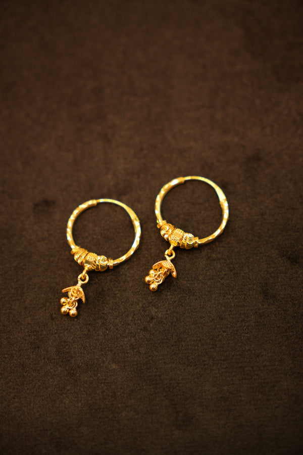 22K Gold Floral Leaf Cluster Drop Hoop Earrings