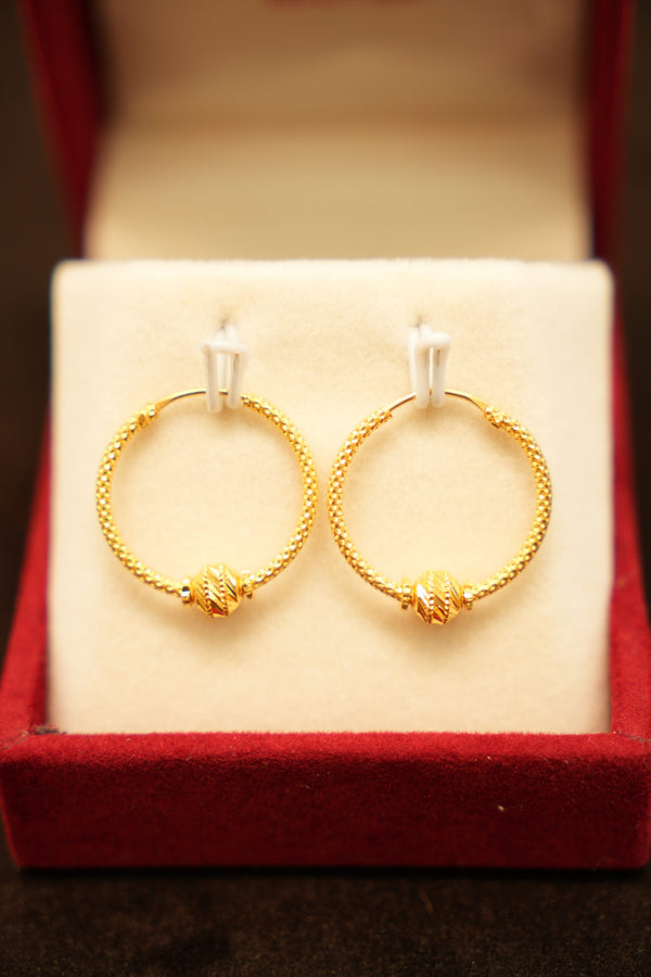 22K Gold Rope Single Bead Hoop Earrings