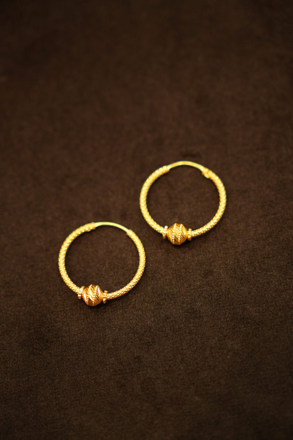 22K Gold Rope Single Bead Hoop Earrings