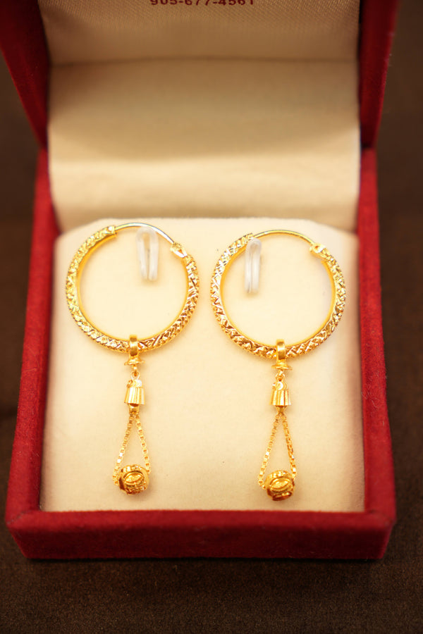 22K Gold Textured Beaded Drop Ladies Hoop Earrings