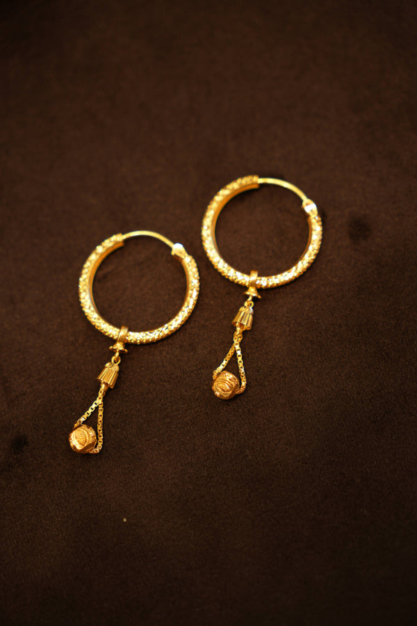 22K Gold Textured Beaded Drop Ladies Hoop Earrings