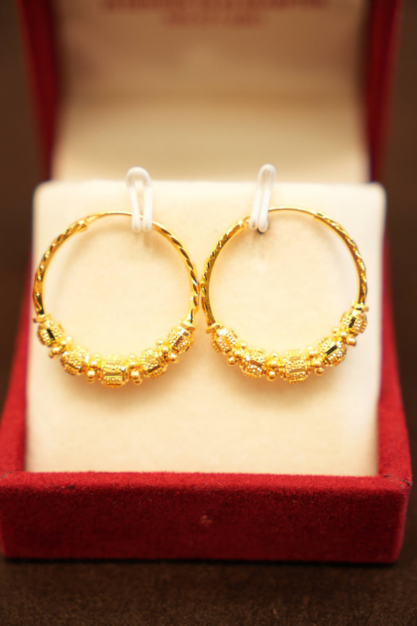 22K Gold Designer Cube Bead Hoop Earrings