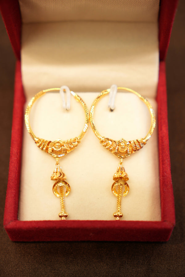 22K Gold Designer Crescent Bead Hanging Hoop Earrings