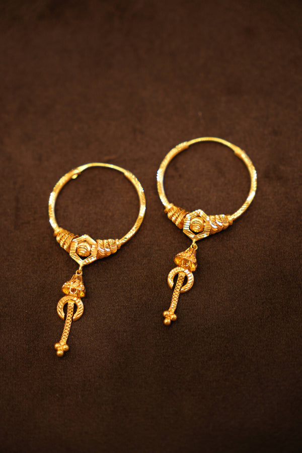 22K Gold Designer Crescent Bead Hanging Hoop Earrings