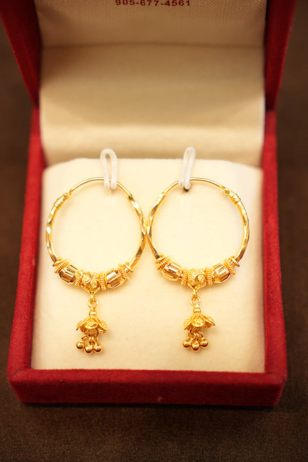 22K Gold Designer Floral Charm Drop Hoop Earrings