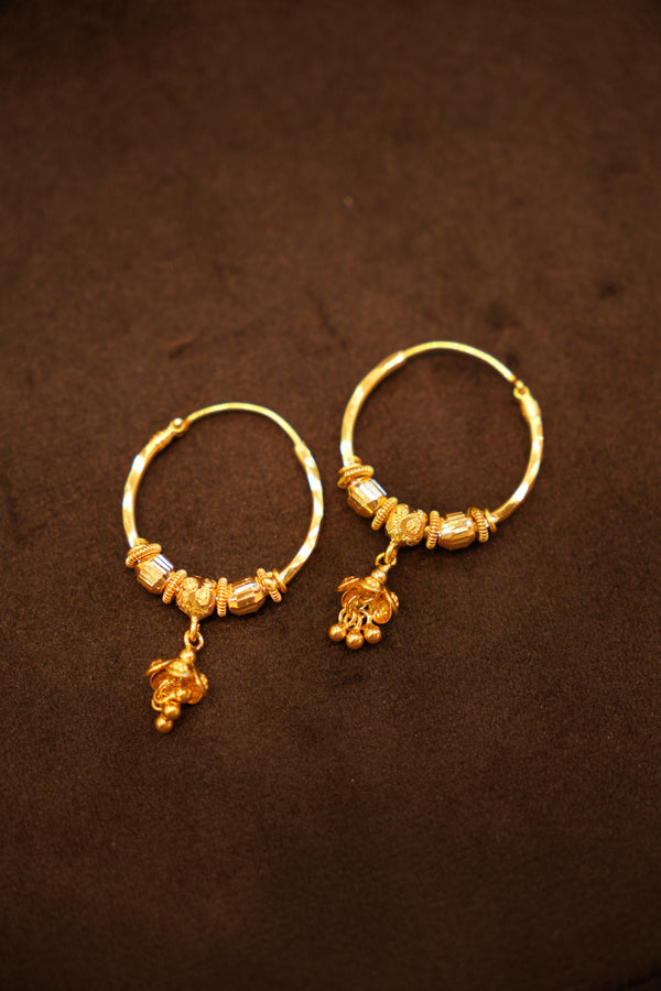 22K Gold Designer Floral Charm Drop Hoop Earrings