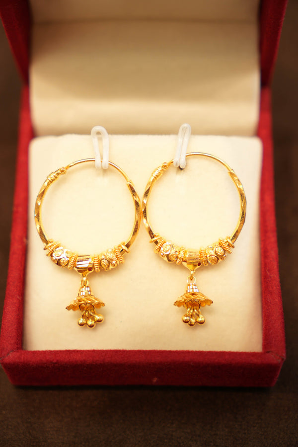 22K Gold Designer Flower Hanging Hoop Earrings