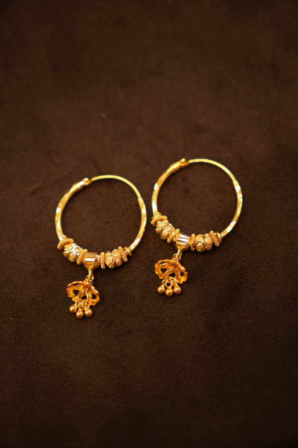 22K Gold Designer Flower Hanging Hoop Earrings