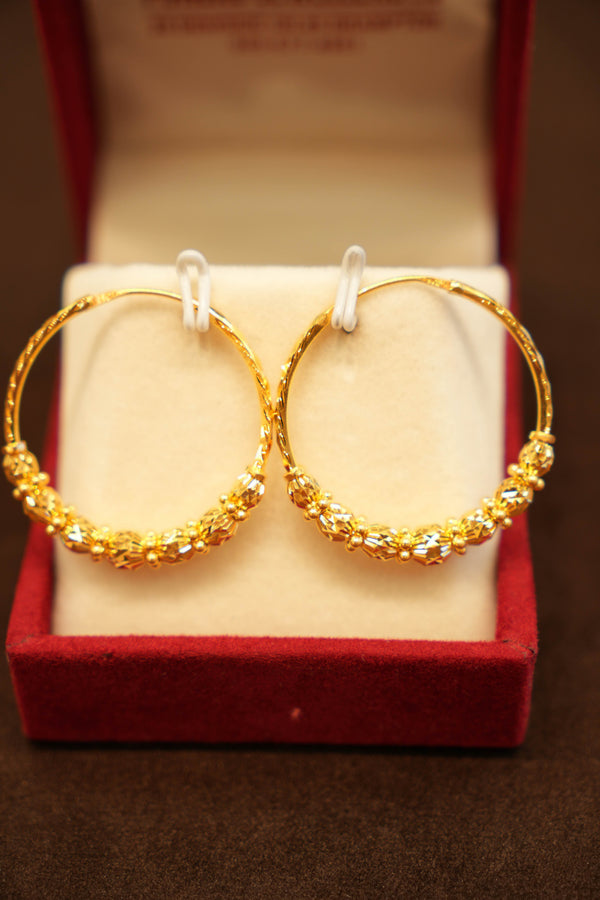 22K Gold Oval Faceted Bead Hoop Earrings