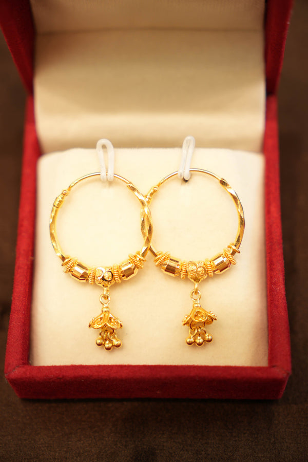 22K Gold Ridged Bead & Flower Drop Hoop Earrings