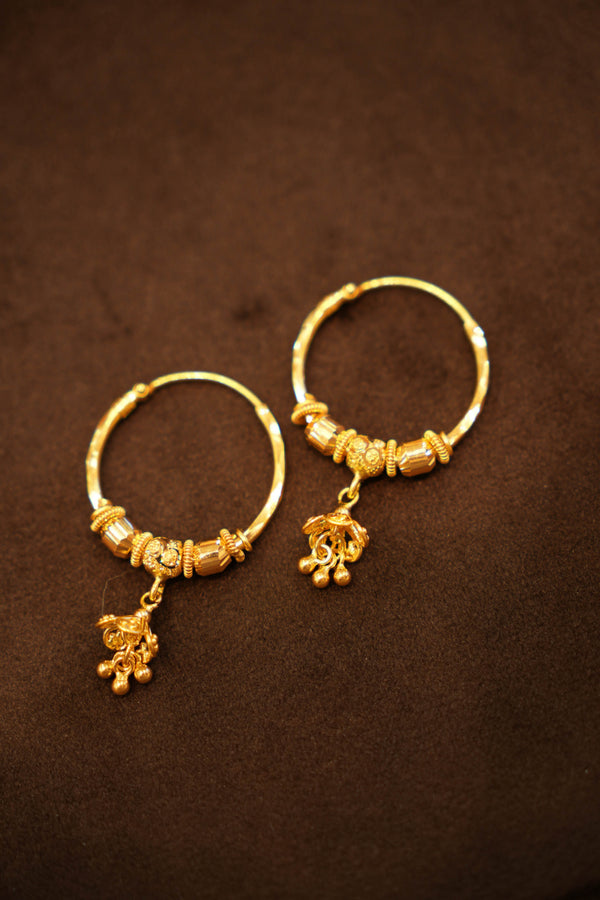 22K Gold Ridged Bead & Flower Drop Hoop Earrings