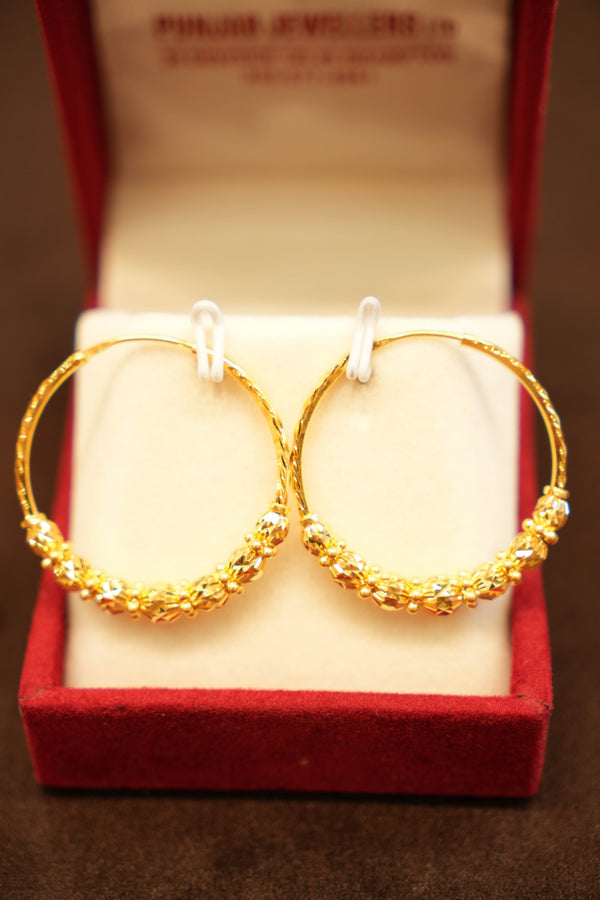 22K Gold Designer Faceted Bead Pattern Hoop Earrings