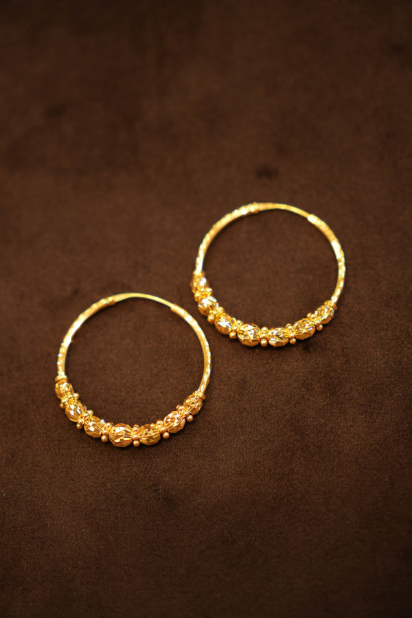 22K Gold Designer Faceted Bead Pattern Hoop Earrings