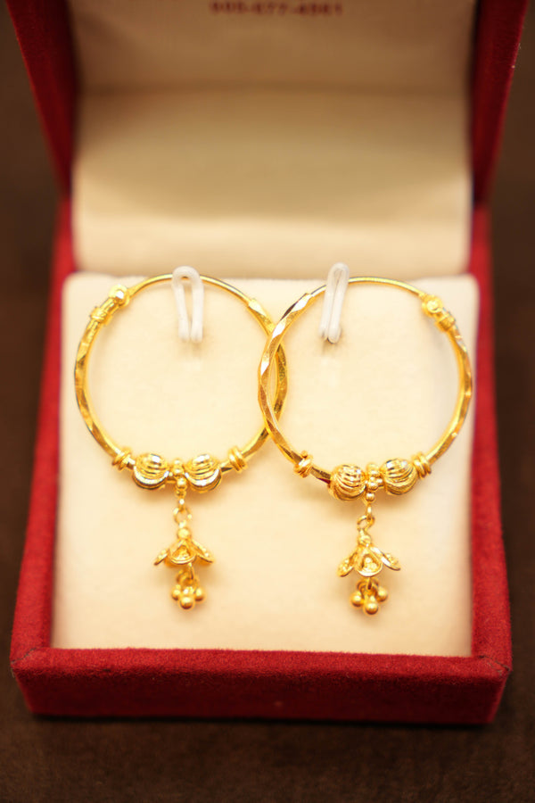 22K Gold Swirl Bead Flower Charm Hoop Earrings